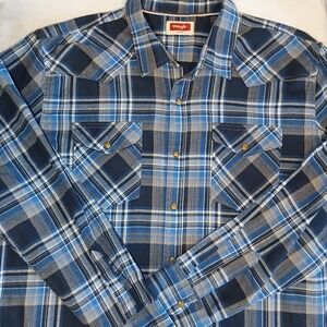 Wrangler Shirt Men's X-Large Blue Shadow Plaid Western Yoke Pearl‎ Snap Rodeo